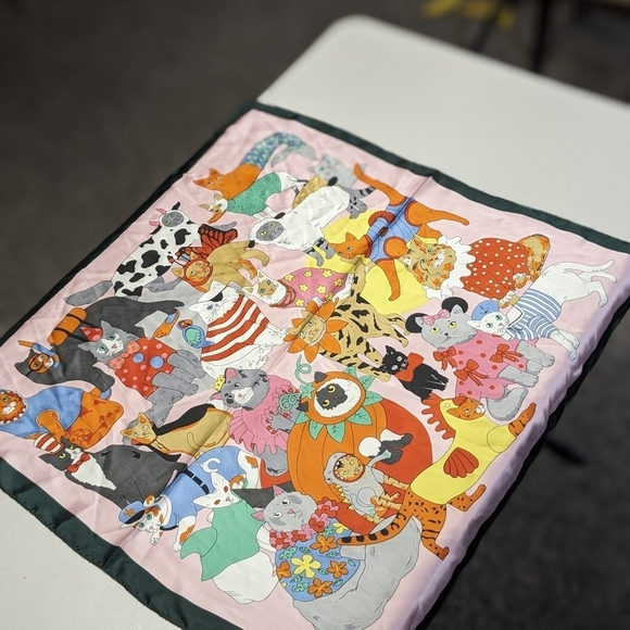 Pink and green whimsical silly cats in costumes silky polyester scarf - Picture 5 of 10